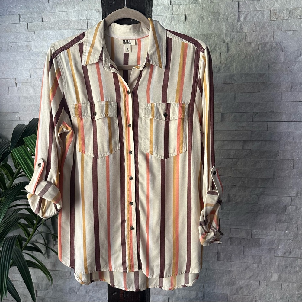 A New Approach a.n.a Fall Stripe Button Down Blouse Cream Brown Orange Size XS